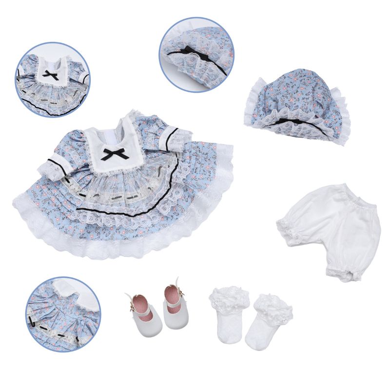 Cloveray 18 inch Newborn Vintage Lolita Photo Prop Set: Floral Dress + Hat + Bloomers + Socks + Shoes (Light Blue/White)