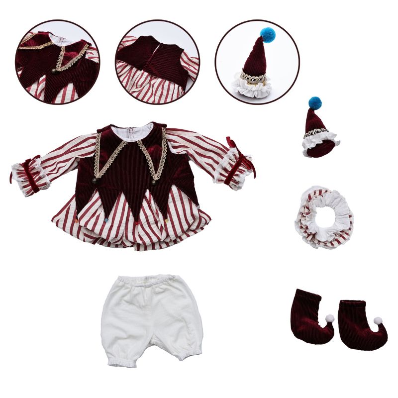 Cloveray 18 inch Newborn Jester Photo Prop Outfit Set: Striped Top + Velvet Vest + Pants + Hat + Booties (Burgundy/White)