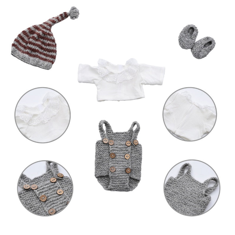 Cloveray 18 inch Newborn Baby Photo Prop Outfit Set: Knit Striped Hat + Suspender Romper + White Lace Top + Booties (Gray/Burgundy)