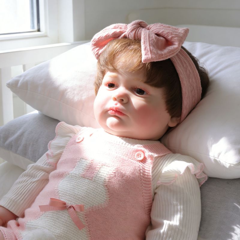 26-Inch Realistic Vinyl Baby Doll in Pink Outfit with Bow Headband – Hand-Painted Collectible Doll with Brown Eyes