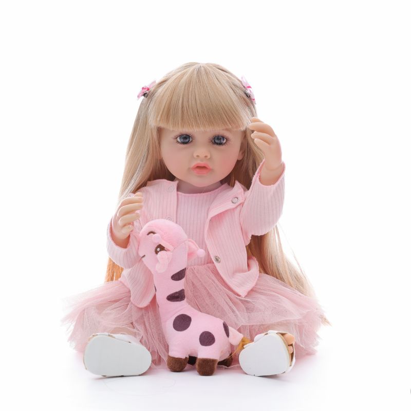 22-Inch Realistic Vinyl Baby Doll with Blue Eyes and Pink Outfit – Hand-Painted Collectible Doll with Blonde Hair
