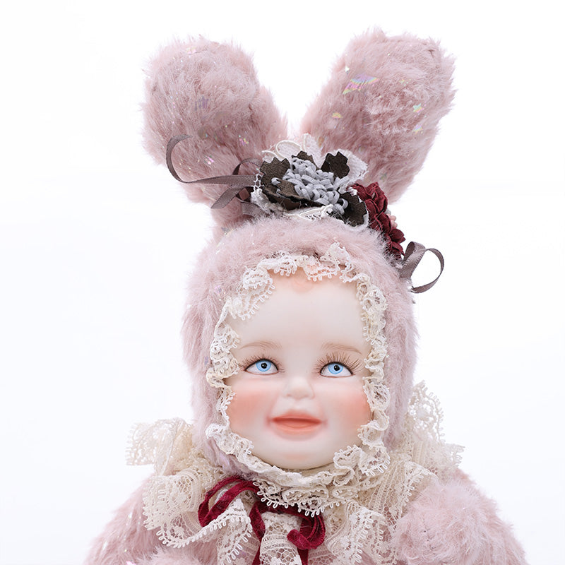 Cloveray 8 Inch High-Quality porcelain Smiling Rabbit-Eared Soft Pink Plush Doll