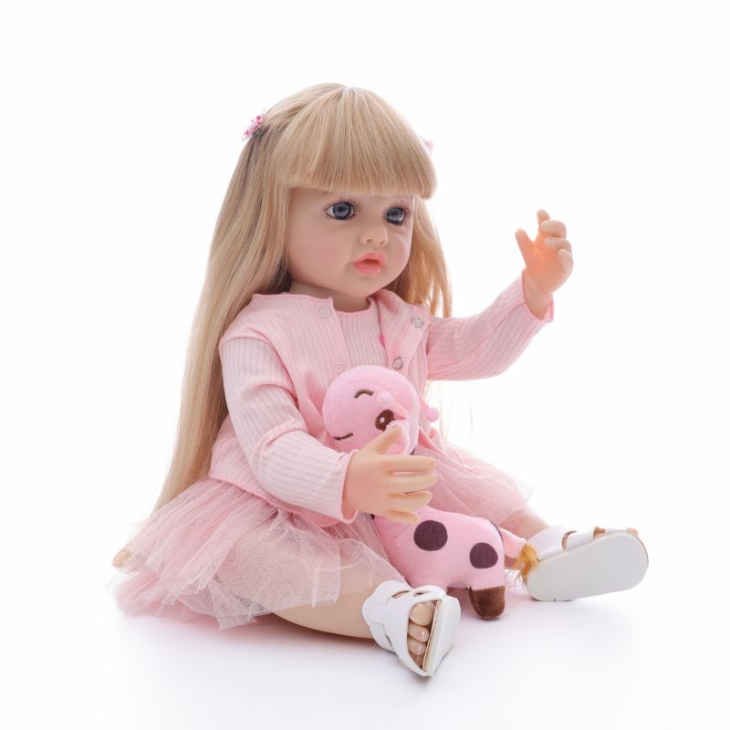 22-Inch Realistic Vinyl Baby Doll with Blue Eyes and Pink Outfit – Hand-Painted Collectible Doll with Blonde Hair