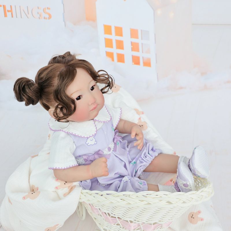 Cloveray 22-Inch Full-Body Vinyl Simulation Doll | Hand-Painted Makeup & Articulated Joints | Light Purple Cartoon Overalls Set