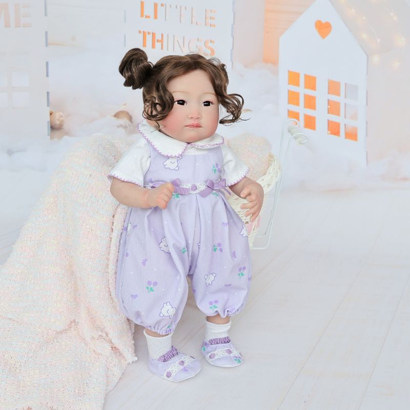 Cloveray 22-Inch Full-Body Vinyl Simulation Doll | Hand-Painted Makeup & Articulated Joints | Light Purple Cartoon Overalls Set