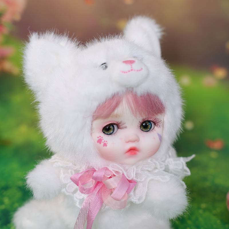 Cloveray 8 Inch High-Quality porcelain Cheeks Plush White Fox Hat Doll.