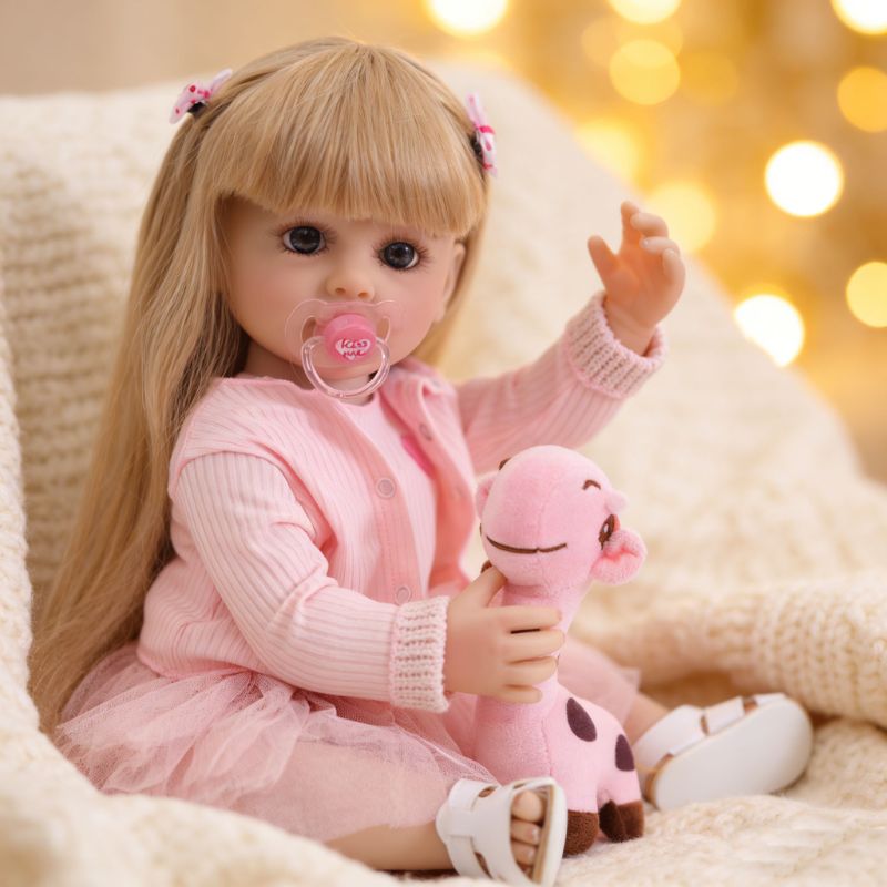 22-Inch Realistic Vinyl Baby Doll with Blue Eyes and Pink Outfit – Hand-Painted Collectible Doll with Blonde Hair