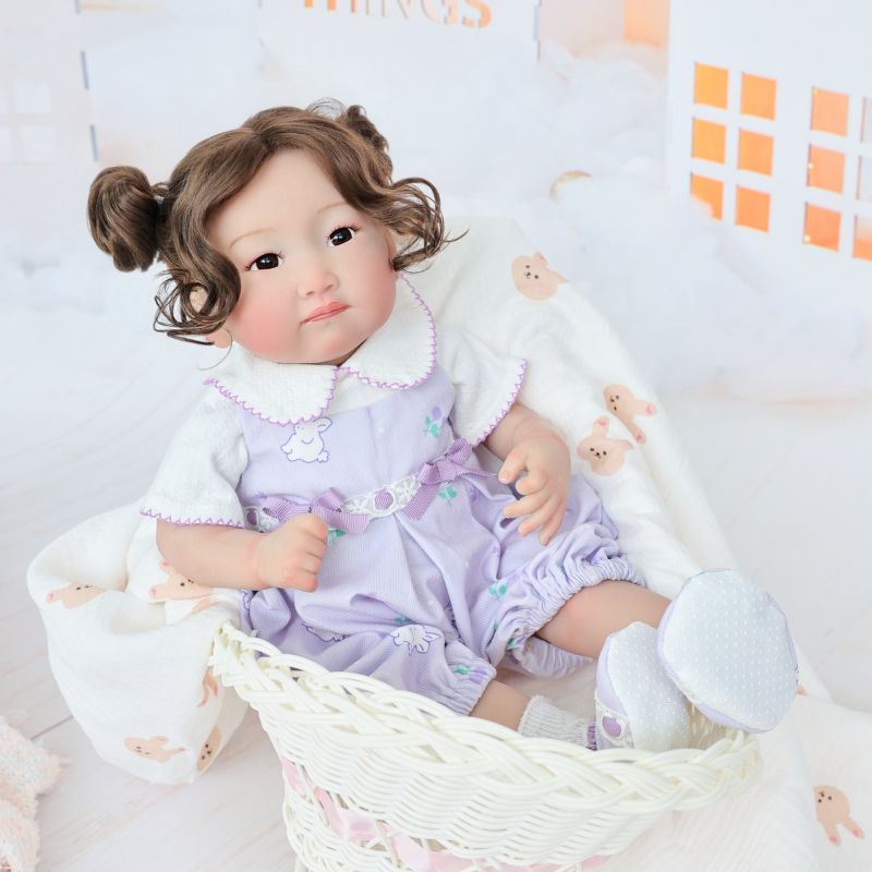 Cloveray 22-Inch Full-Body Vinyl Simulation Doll | Hand-Painted Makeup & Articulated Joints | Light Purple Cartoon Overalls Set