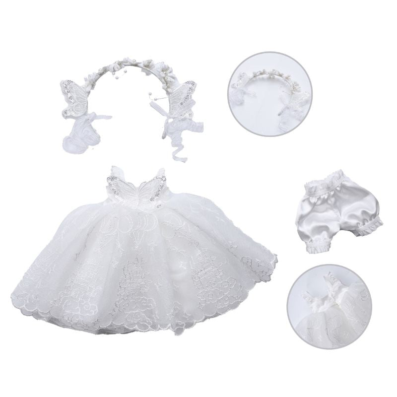 Cloveray 10 inch Newborn White Butterfly Princess Photo Prop Set: Lace Dress + Headband + Shorts (Elegant White)