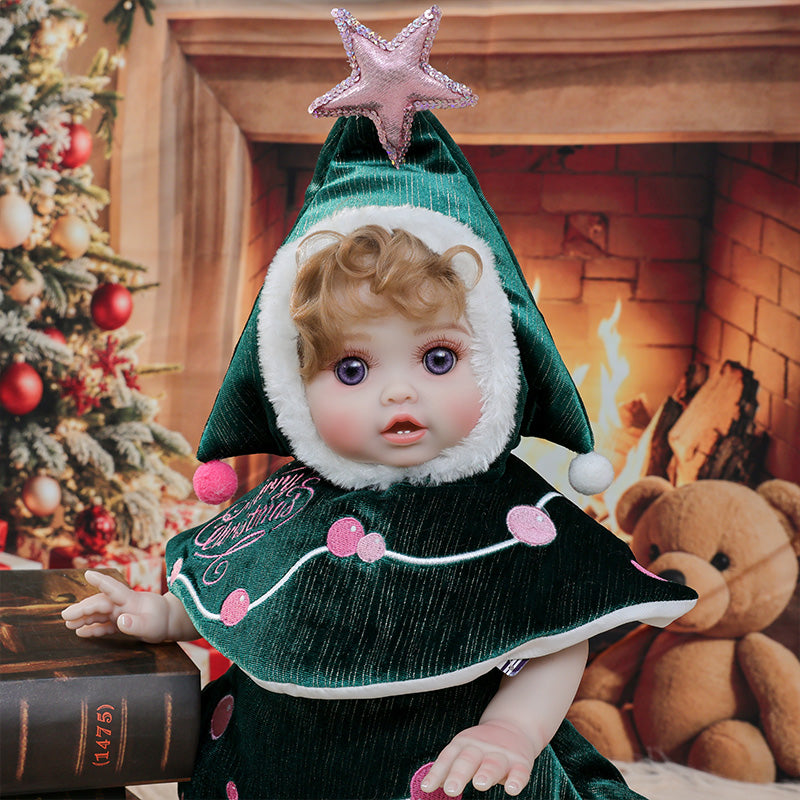 Cloveray 18 Inch Vinyl Lifelike Reborn Baby Doll in Festive Green Christmas Costume