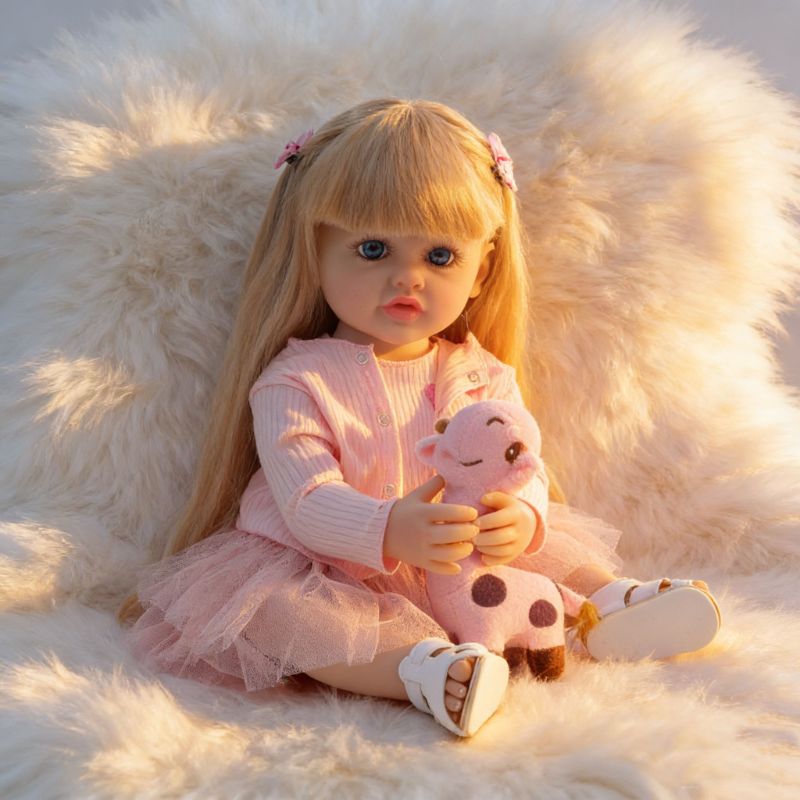 22-Inch Realistic Vinyl Baby Doll with Blue Eyes and Pink Outfit – Hand-Painted Collectible Doll with Blonde Hair