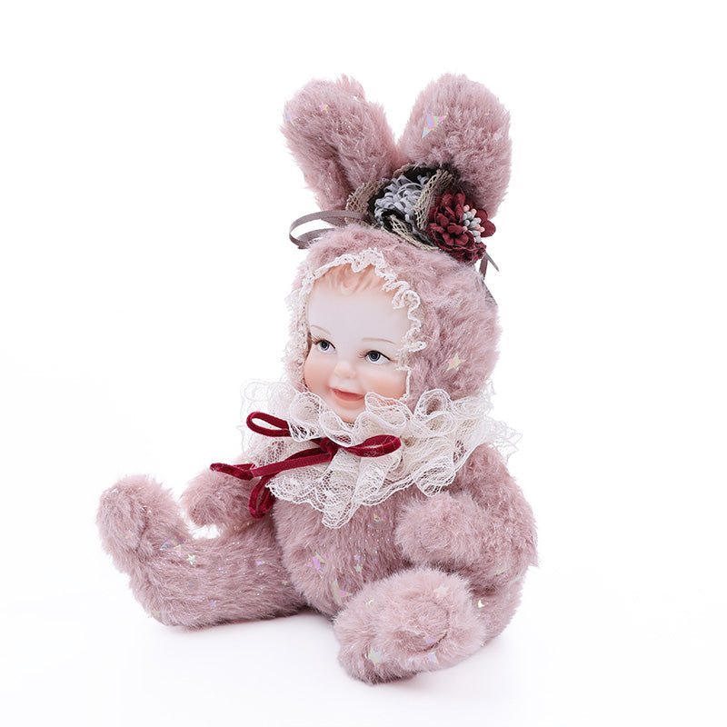 Cloveray 8 Inch High-Quality porcelain Smiling Rabbit-Eared Soft Pink Plush Doll