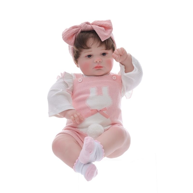 26-Inch Realistic Vinyl Baby Doll in Pink Outfit with Bow Headband – Hand-Painted Collectible Doll with Brown Eyes