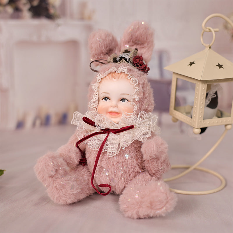 Cloveray 8 Inch High-Quality porcelain Smiling Rabbit-Eared Soft Pink Plush Doll