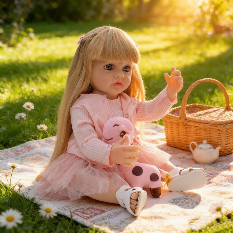 22-Inch Realistic Vinyl Baby Doll with Blue Eyes and Pink Outfit – Hand-Painted Collectible Doll with Blonde Hair