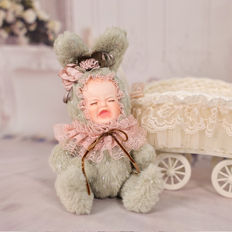 Cloveray 8 Inch High-Quality porcelain  Crying Rabbit-Eared Mint Green Plush Doll