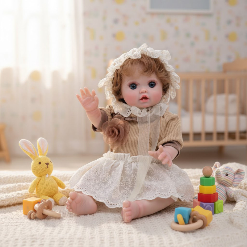 Cloveray 18-Inch Full-Body Vinyl Simulation Doll | Hand-Painted Makeup & Articulated Joints | Light Brown Knit Style