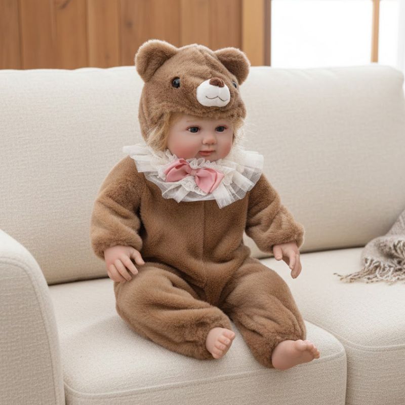 28-Inch Realistic Vinyl Baby Doll in Brown Plush Bear Suit – Hand-Painted Collectible with Blue Acrylic Eyes