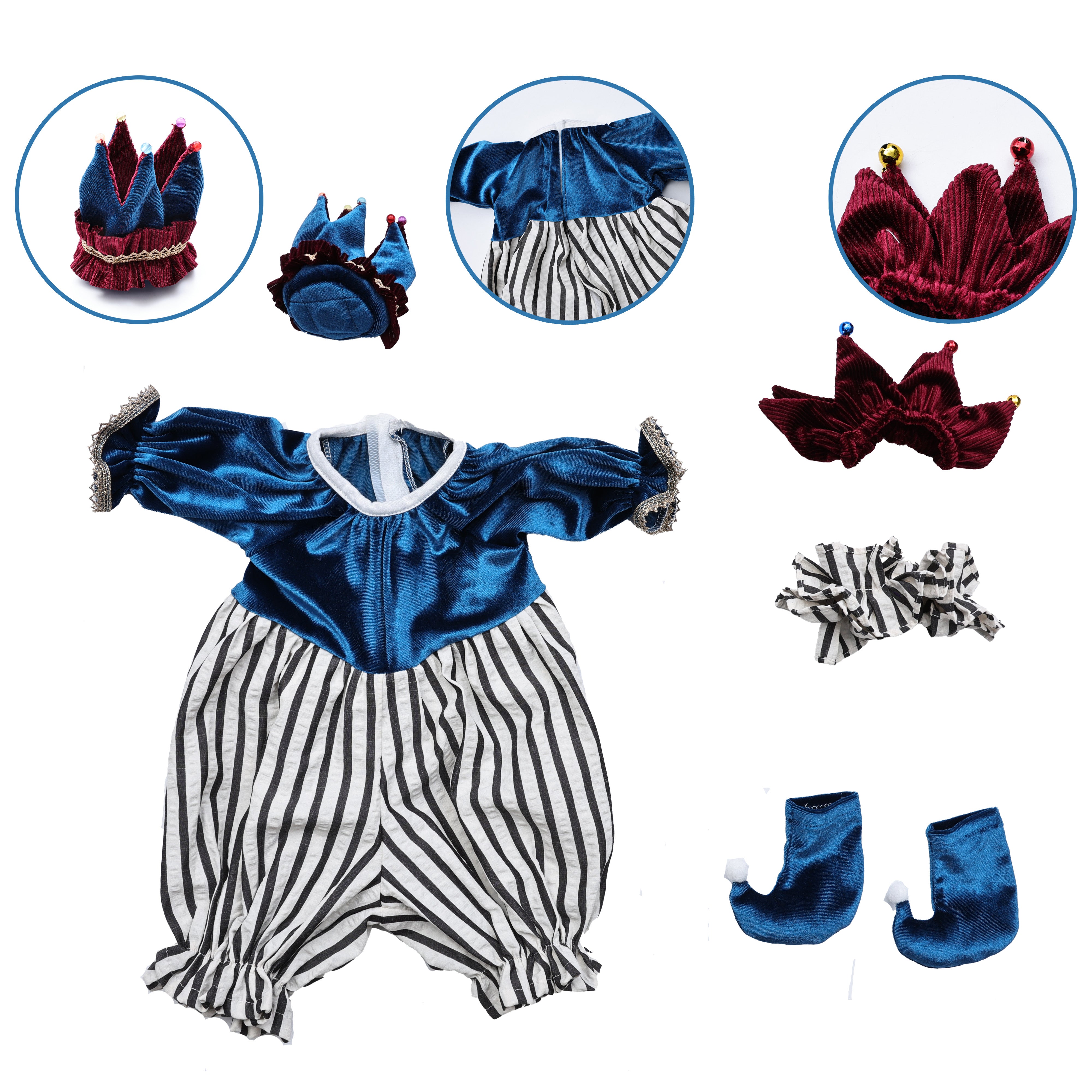 Cloveray 18 inch Newborn Jester Costume Photo Prop Set: Velvet Romper + Crown + Bows + Elf Booties (Blue/Red)Newborn Jester Costume Photo Prop Set: Velvet Romper + Crown + Bows + Elf Booties (Blue/Red)