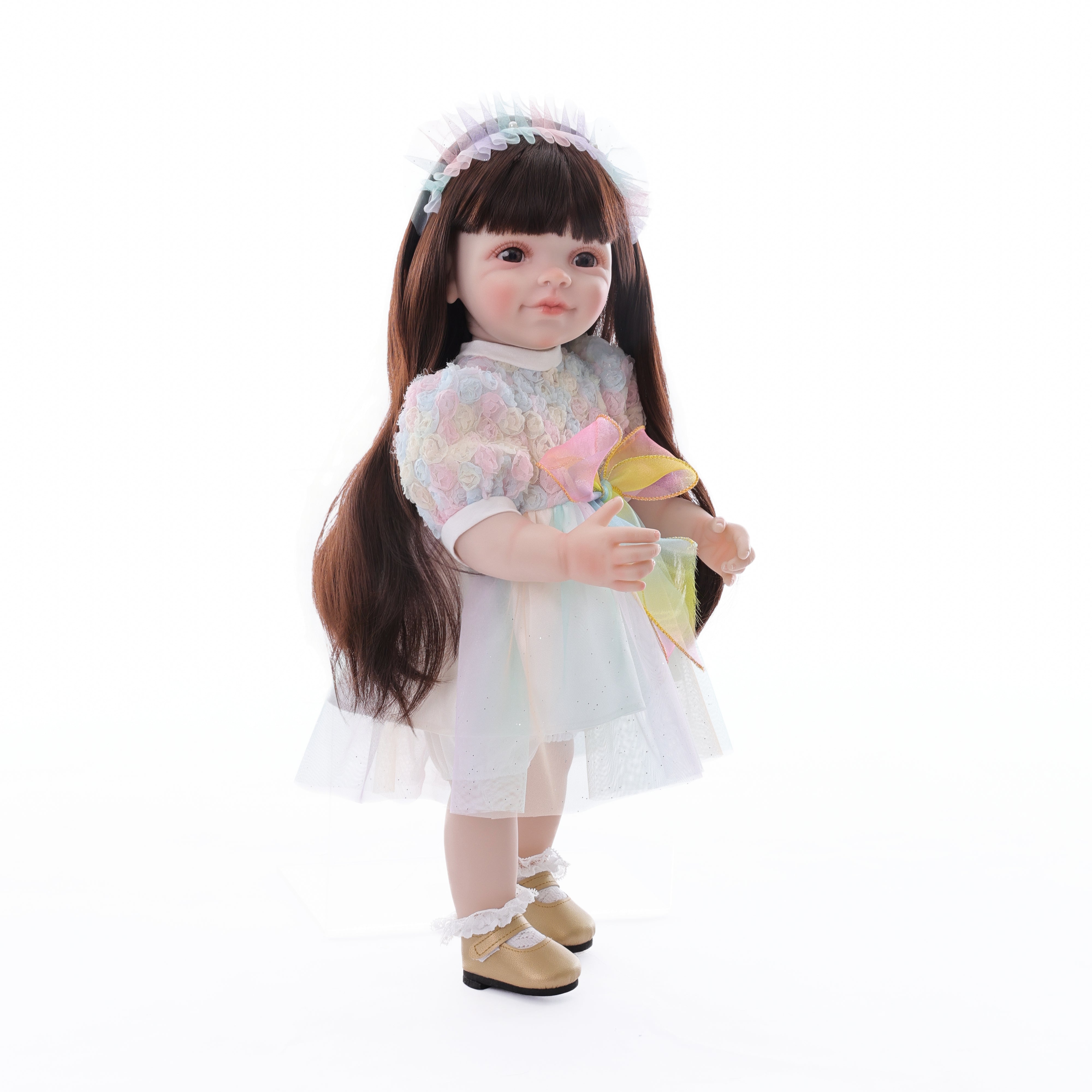 22-Inch Realistic Reborn Doll Girl Princess Style Full Plastic Body Standing Doll with Long Hair Lifelike Eyes Handmade Eyelashes Gift for Kids & Collectors