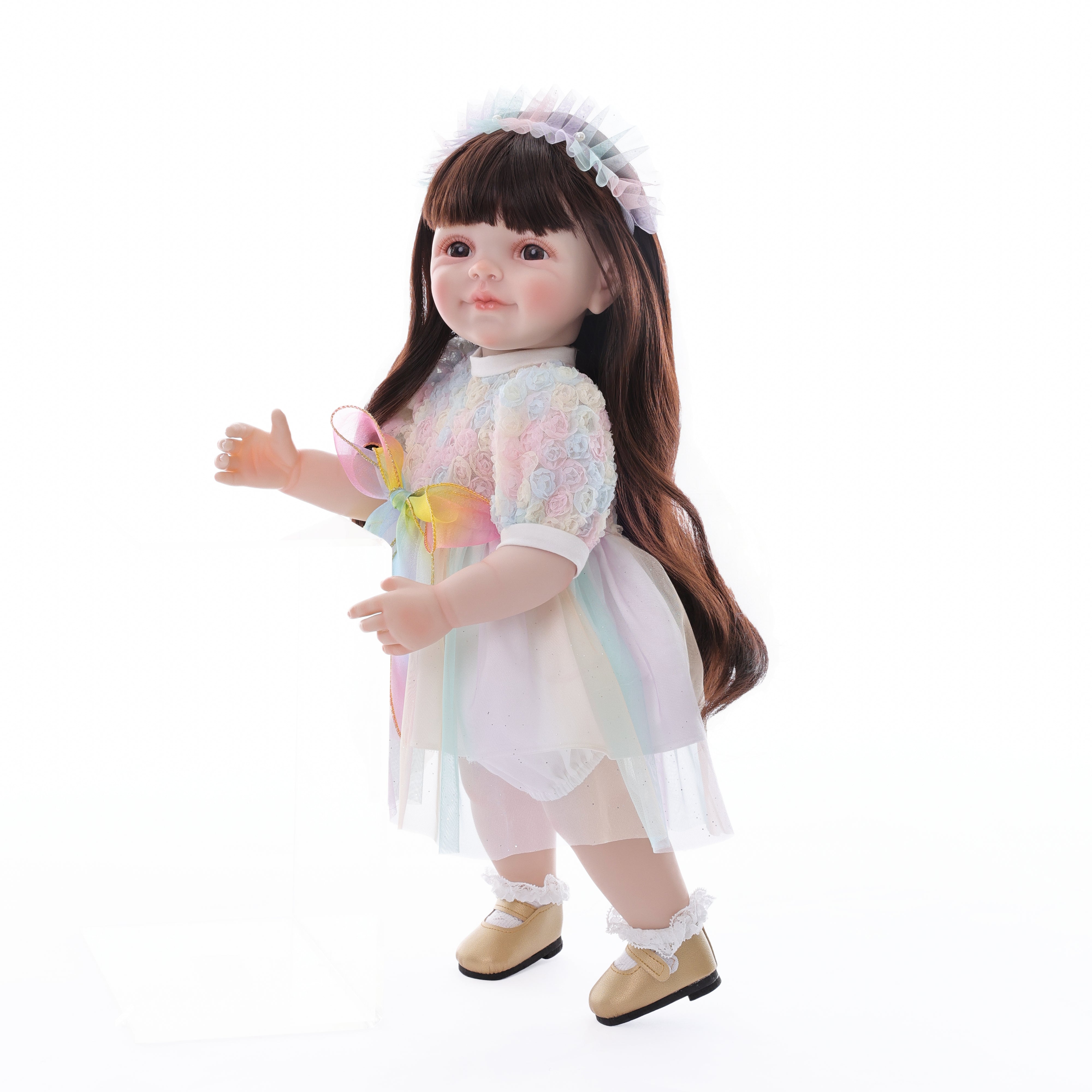 22-Inch Realistic Reborn Doll Girl Princess Style Full Plastic Body Standing Doll with Long Hair Lifelike Eyes Handmade Eyelashes Gift for Kids & Collectors