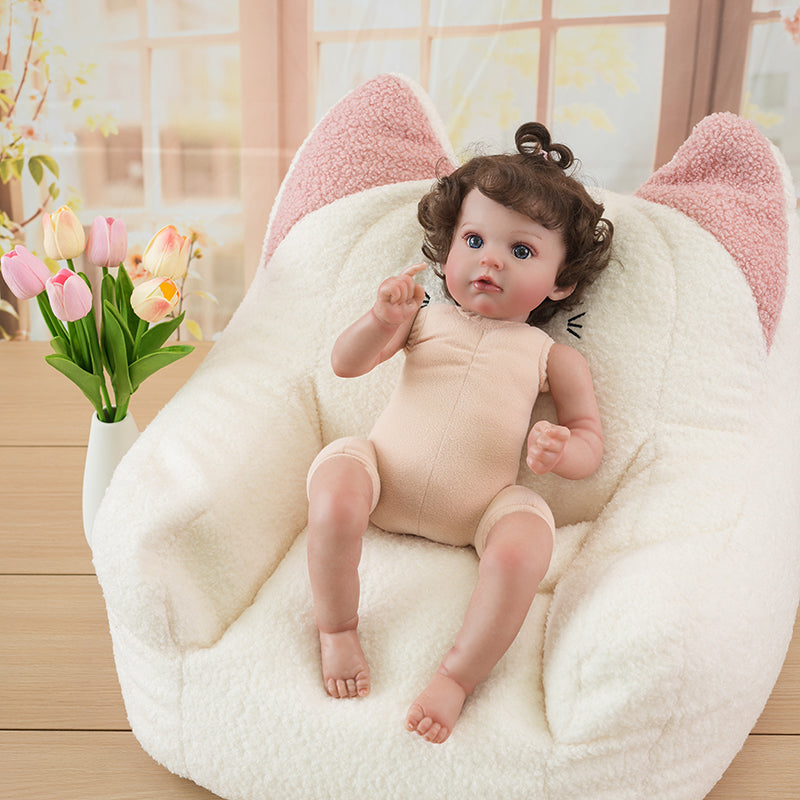 Cloveray Adorable Lifelike Reborn Baby Doll with Soft Teddy Bear in Cozy Cat-Eared Fluffy Chair