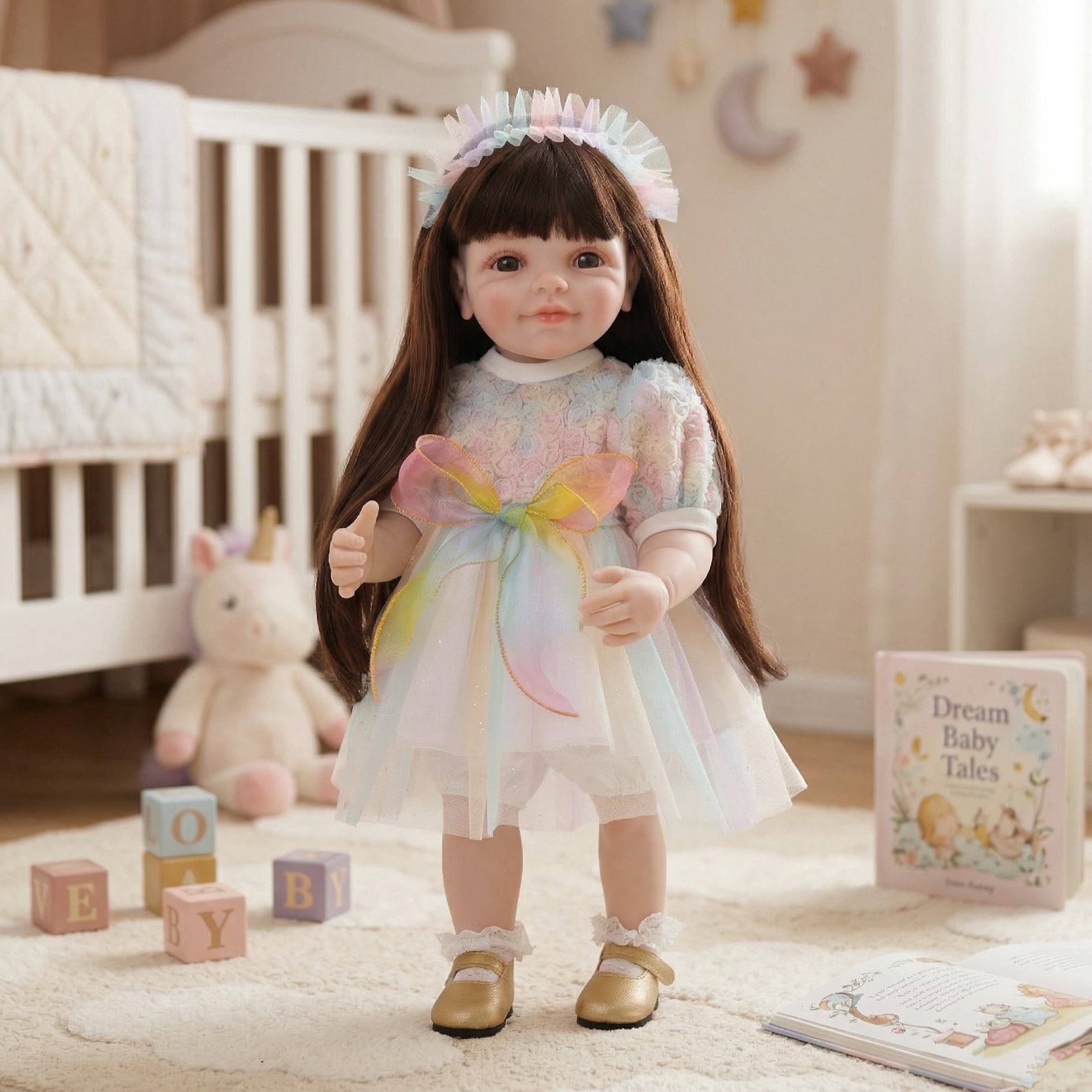 22-Inch Realistic Reborn Doll Girl Princess Style Full Plastic Body Standing Doll with Long Hair Lifelike Eyes Handmade Eyelashes Gift for Kids & Collectors