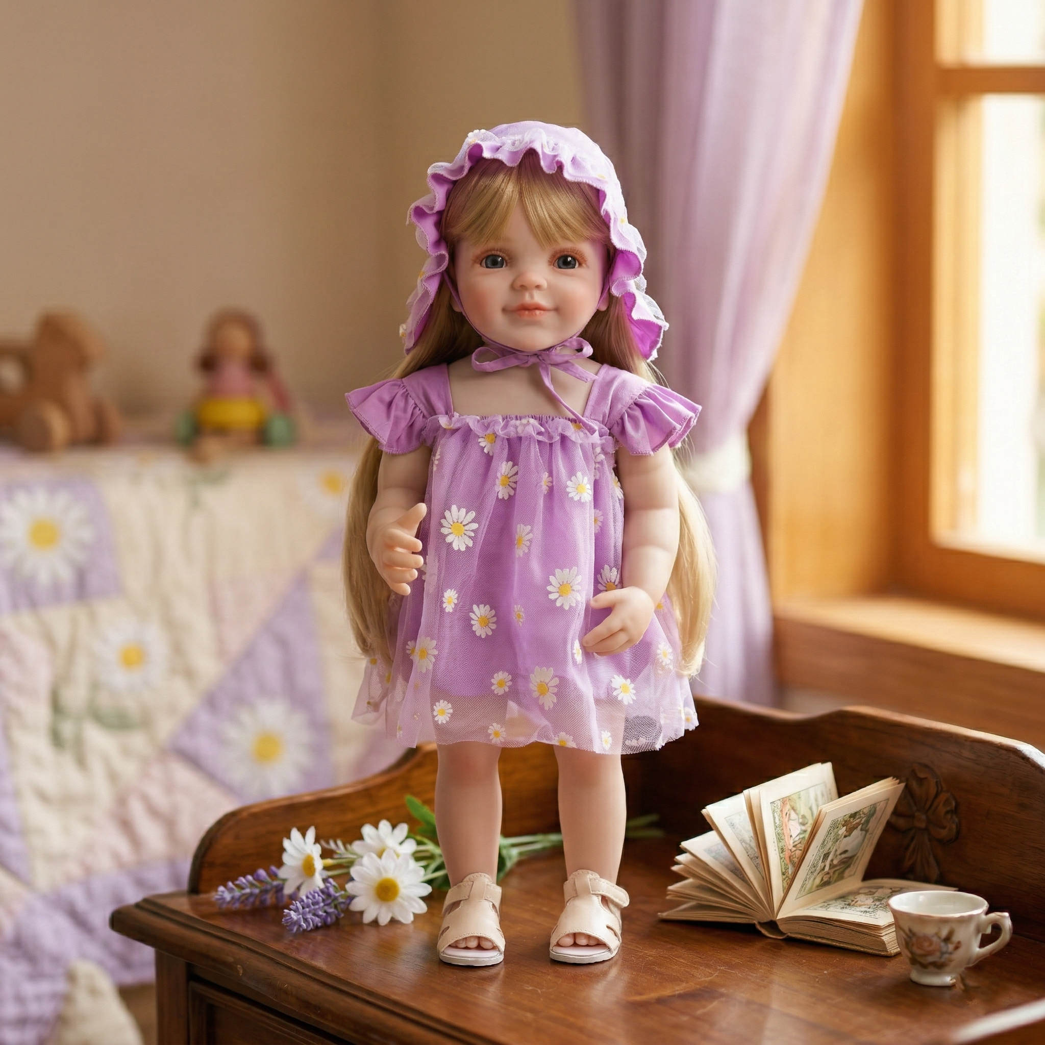 22-Inch Realistic Reborn Doll Girl Princess Style Full Plastic Body Standing Doll with Long Hair Lifelike Eyes Handmade Eyelashes Gift for Kids & Collectors