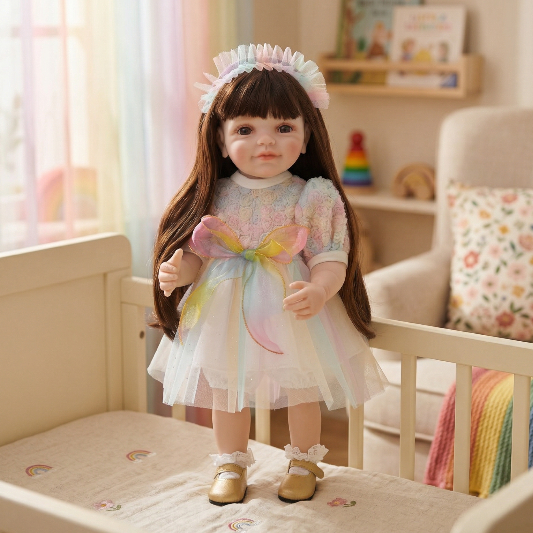 22-Inch Realistic Reborn Doll Girl Princess Style Full Plastic Body Standing Doll with Long Hair Lifelike Eyes Handmade Eyelashes Gift for Kids & Collectors